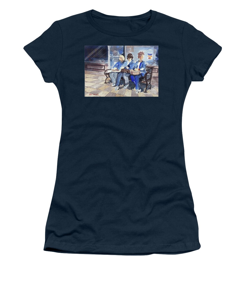 Three Ladies On A Park Bench At A Shopping Mall. Women's T-Shirt featuring the painting Shopping by Monte Toon