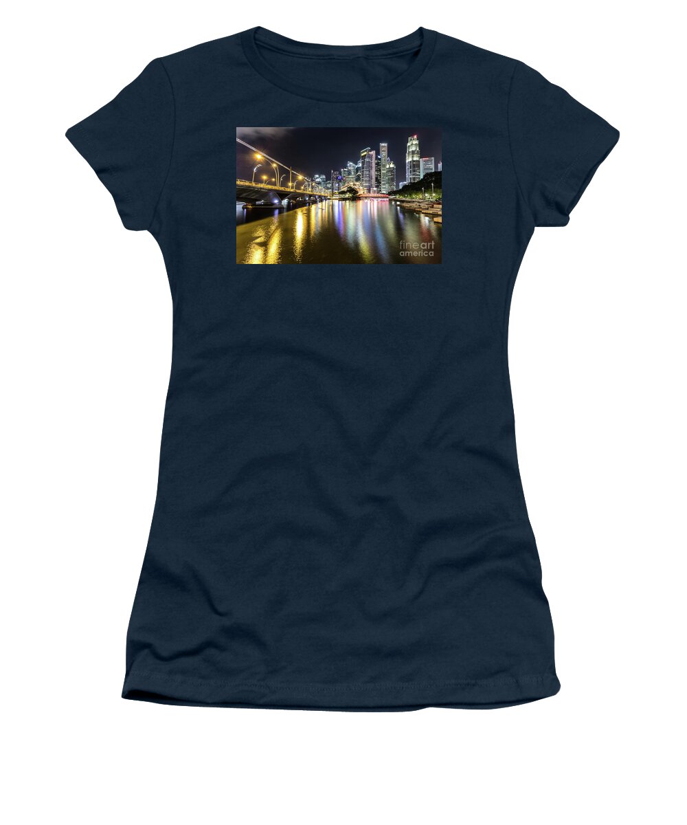 Singapore River Women's T-Shirt featuring the photograph Singapore river at night with financial district in Singapore #1 by Didier Marti
