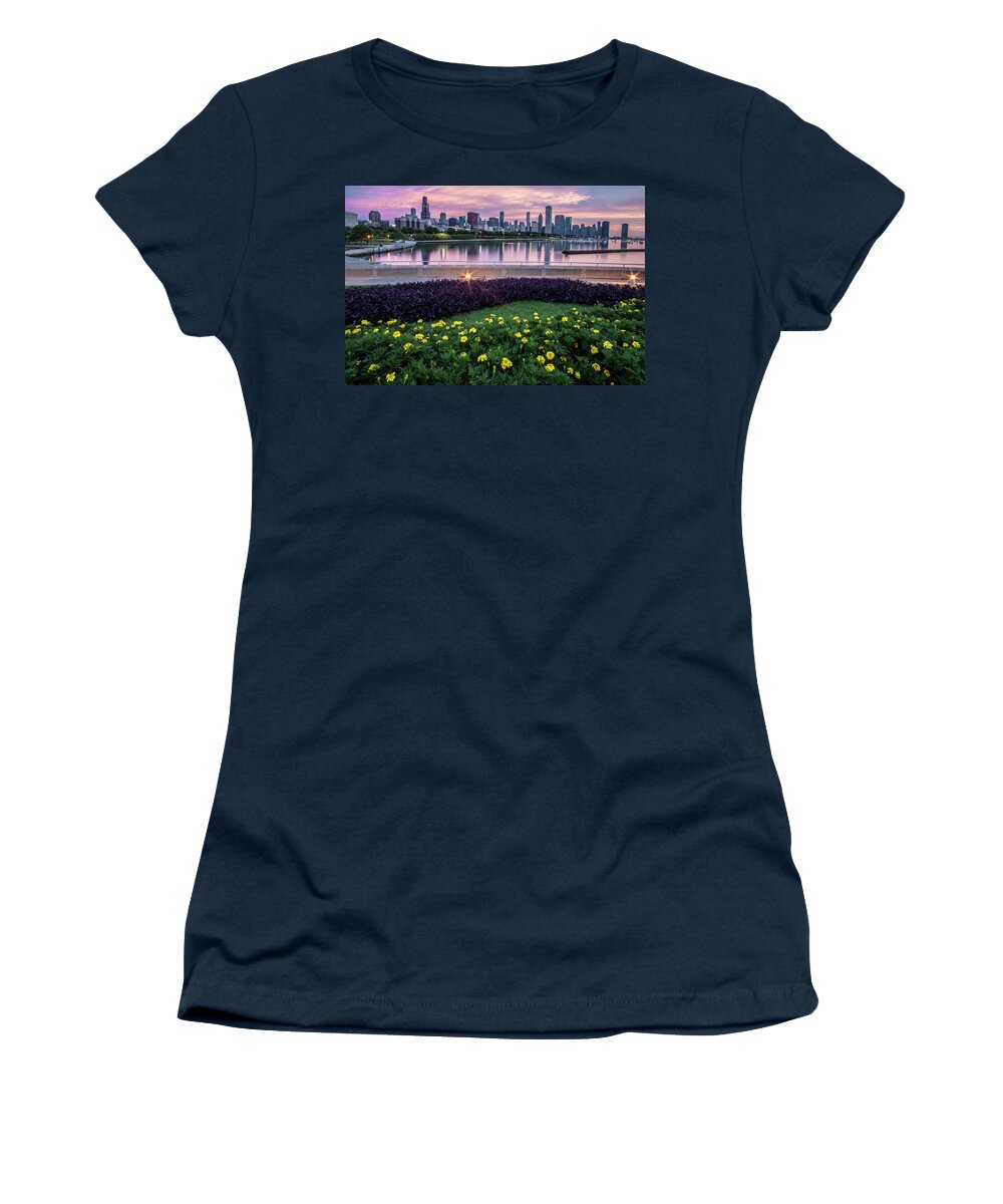 Monroe Harbor Women's T-Shirt featuring the photograph summer flowers and Chicago skyline #1 by Sven Brogren