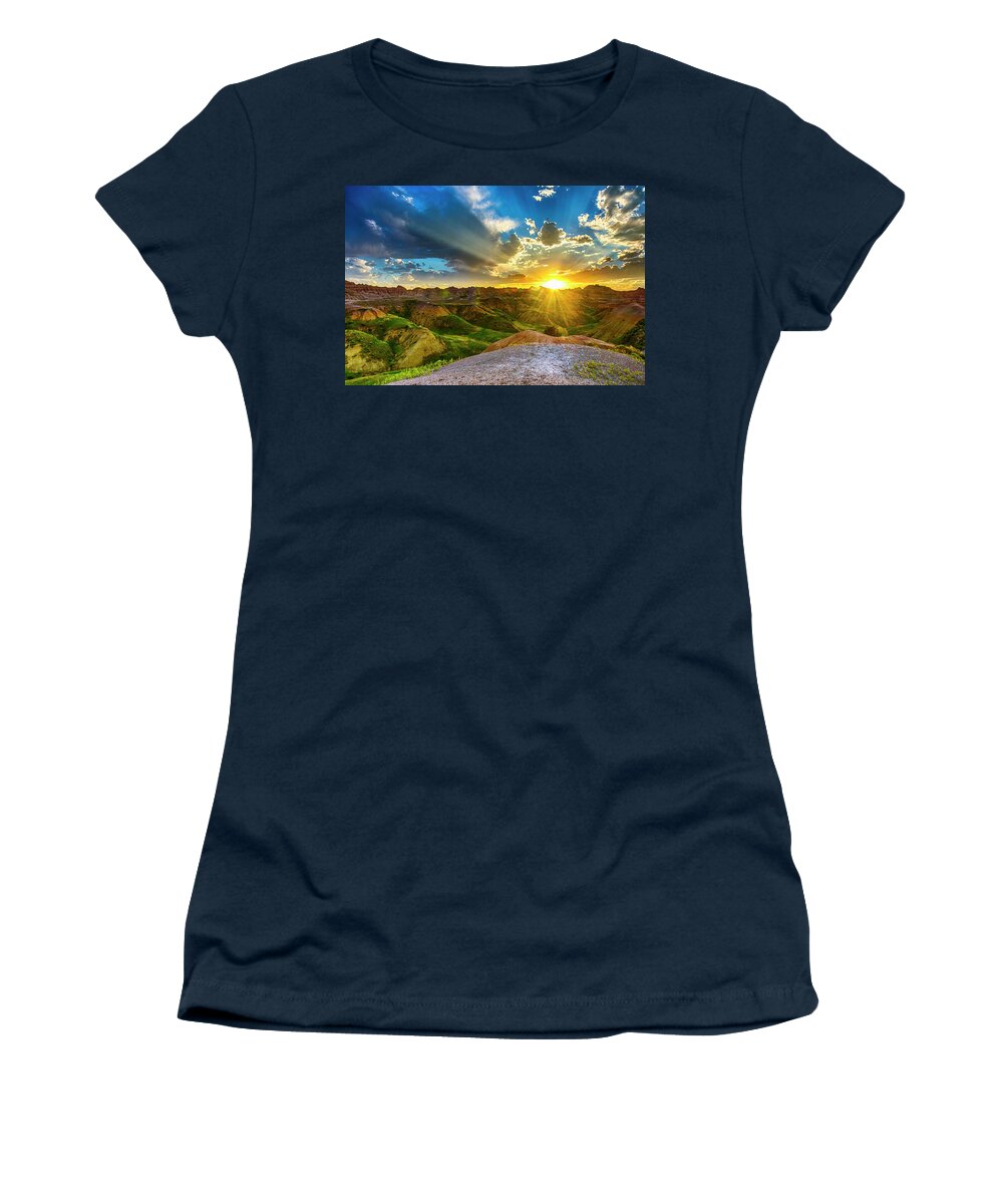 Badlands National Park Women's T-Shirt featuring the photograph Sunset over Badlands NP Yellow Mounds Overlook by Donald Pash