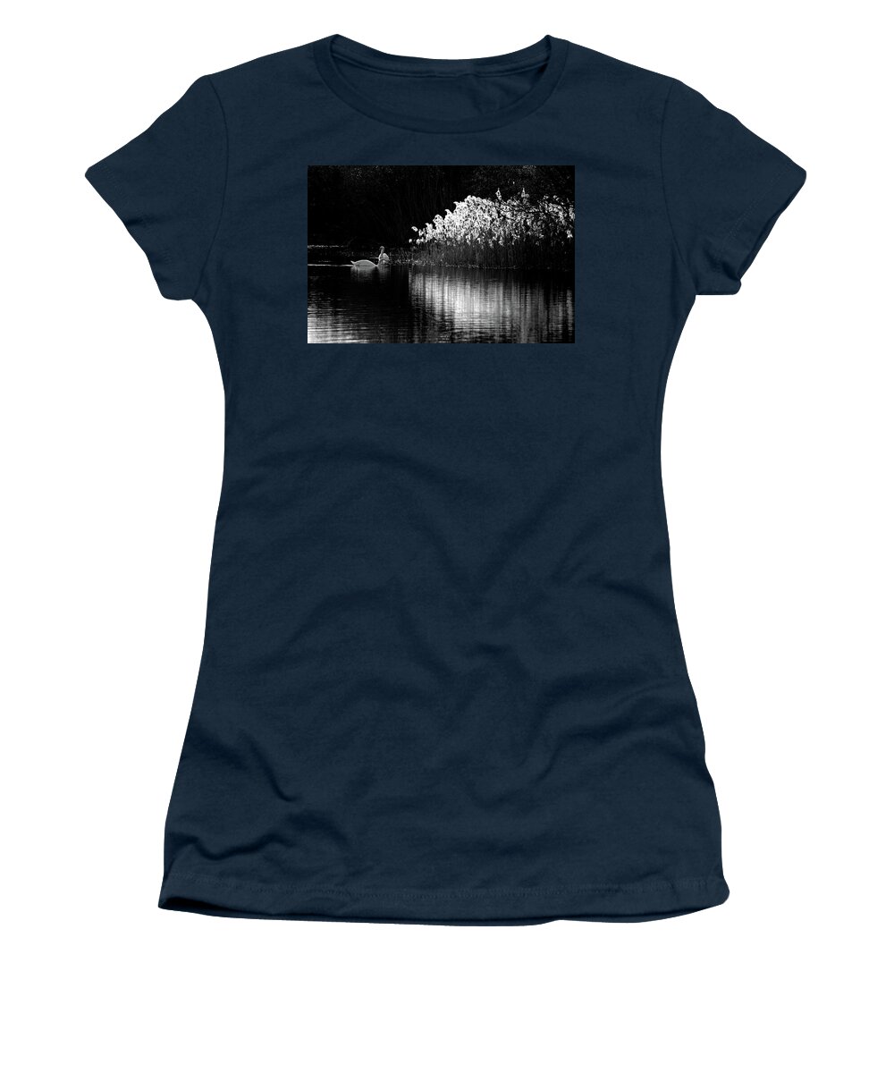 Swans Reeds Monochrome Women's T-Shirt featuring the photograph Swans and reeds #1 by Ian Sanders