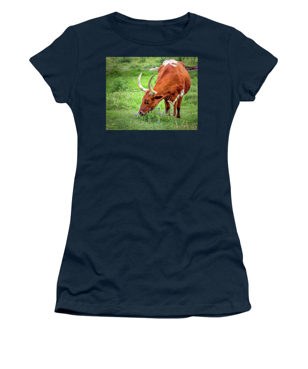 Texas Longhorns Women's T-Shirt featuring the photograph Texas Longhorn Grazing #1 by Robert Bellomy