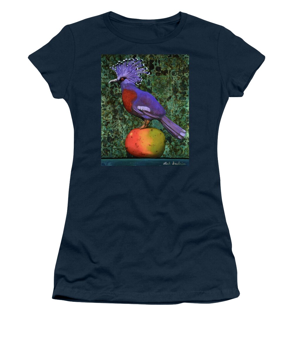 Victoria Crowned Pigeon Women's T-Shirt featuring the painting Victoria Crowned Pigeon On A Mango #2 by Leah Saulnier The Painting Maniac