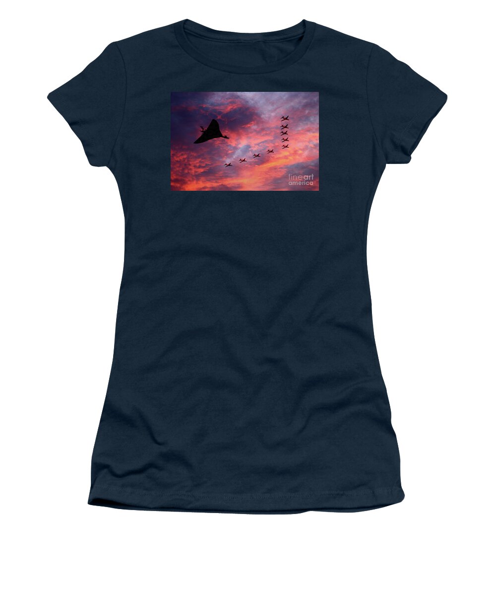 Avro Vulcan Bomber Xh558 Sunset Formation With The Red Arrows Women's T-Shirt featuring the digital art Vulcan XH558 and Red Arrows by Airpower Art