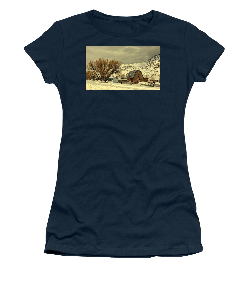 Farm Women's T-Shirt featuring the photograph Winter Farm Scene - Wyoming #1 by Mountain Dreams
