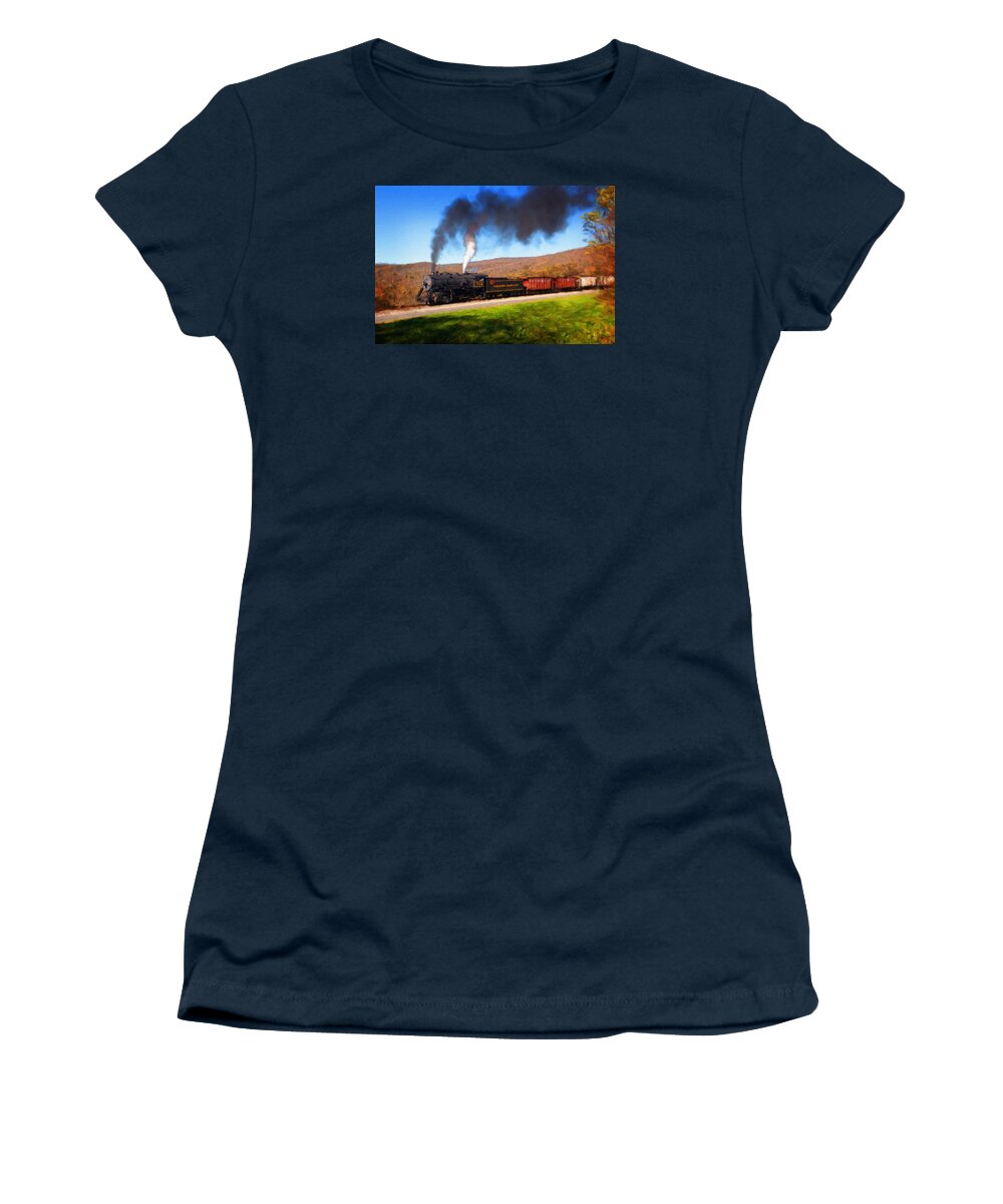 Wmrr Women's T-Shirt featuring the photograph Western Maryland Steam train powers along railway by Steven Heap