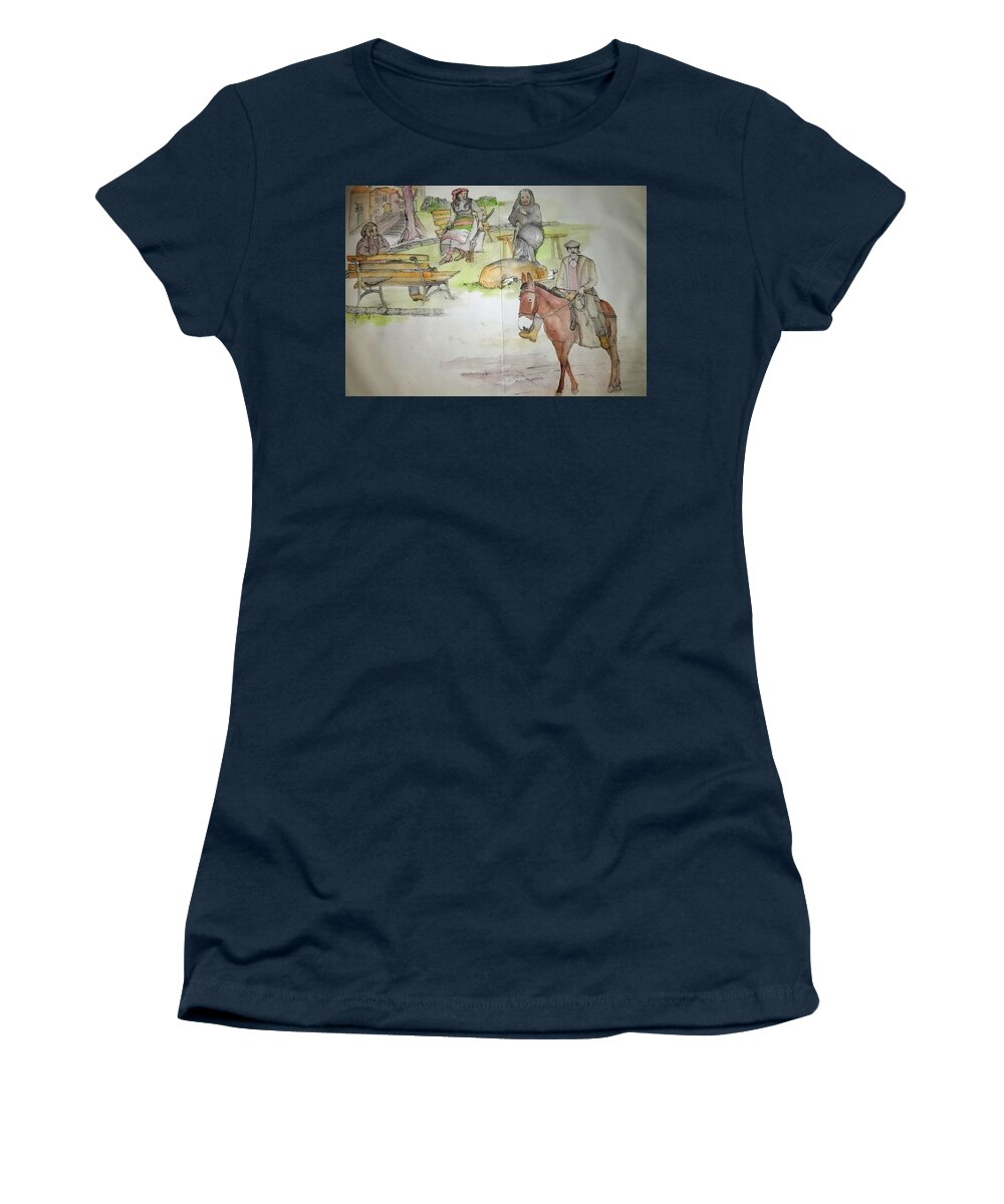Italy. Figures. Donkey Women's T-Shirt featuring the painting Italy the red and green of it album #12 by Debbi Saccomanno Chan