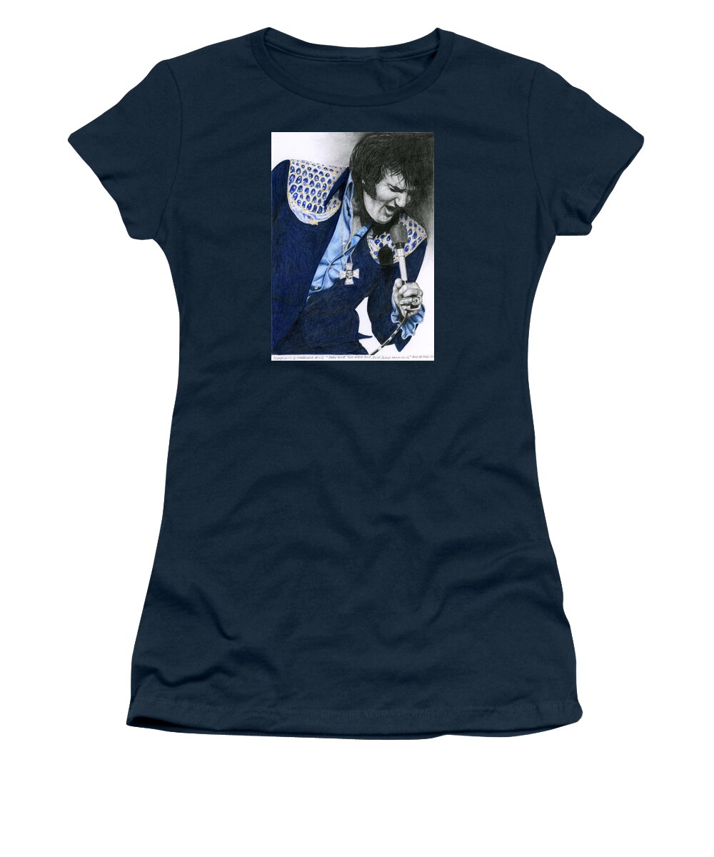 Elvis Women's T-Shirt featuring the drawing 1975 Dark Blue Two Piece Suit Blue Gold Ornaments by Rob De Vries