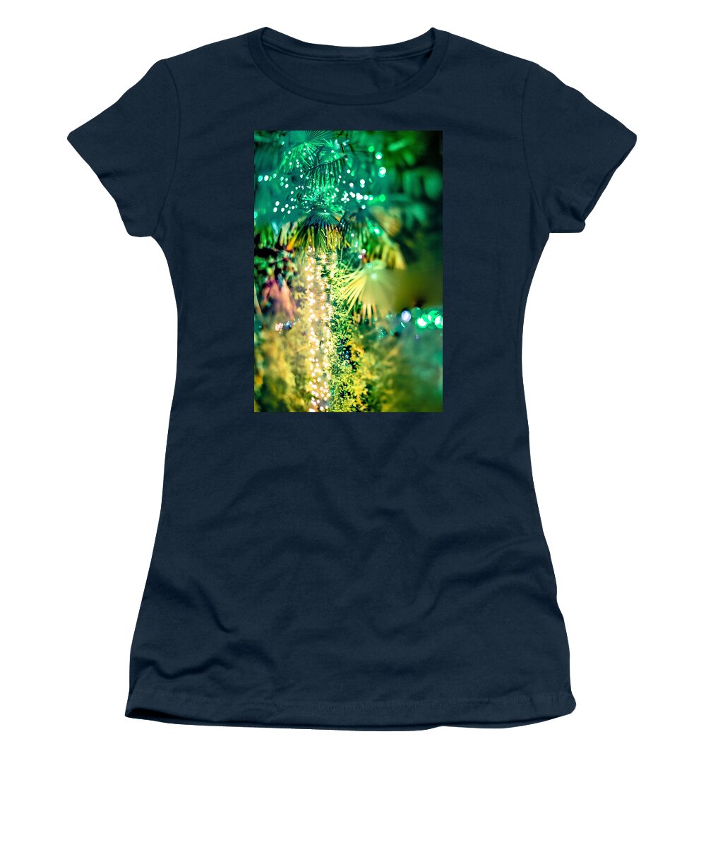 Background Women's T-Shirt featuring the photograph Palm Trees Decorated With Christmas Lights In Gardens #2 by Alex Grichenko