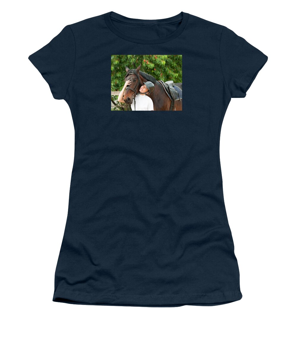 Jockey Women's T-Shirt featuring the photograph Woman rider and horse #2 by Boyan Dimitrov