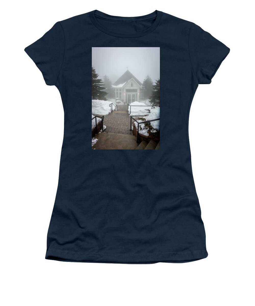 Foggy Women's T-Shirt featuring the photograph Beautiful street of american town village in mountains in winter #3 by Alex Grichenko