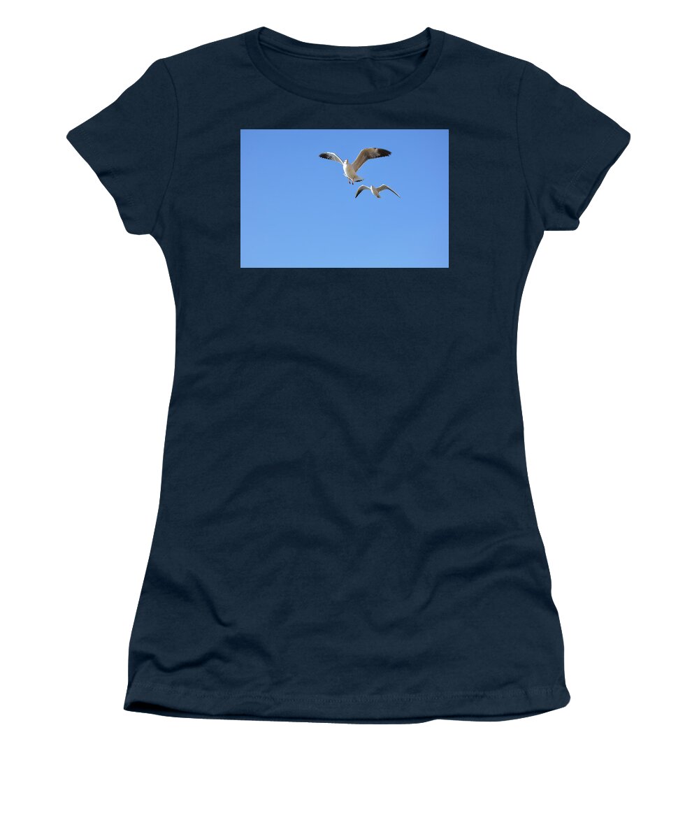 Blue Women's T-Shirt featuring the photograph Seagulls in the sky #3 by Carl Ning