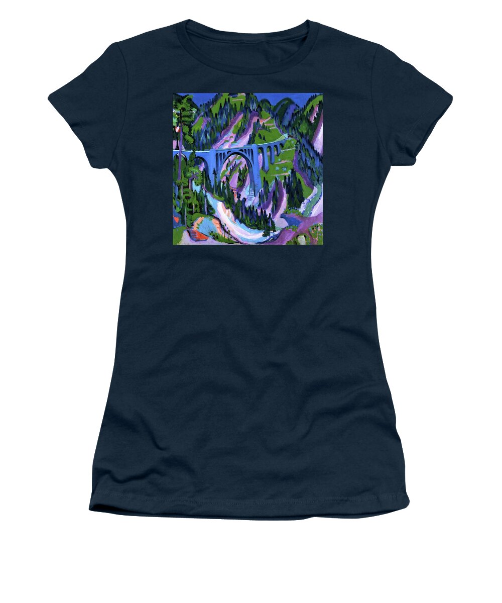 Bridge At Wiesen (ernst Ludwig Kirchner Women's T-Shirt featuring the painting Bridge at Wiesen #4 by MotionAge Designs