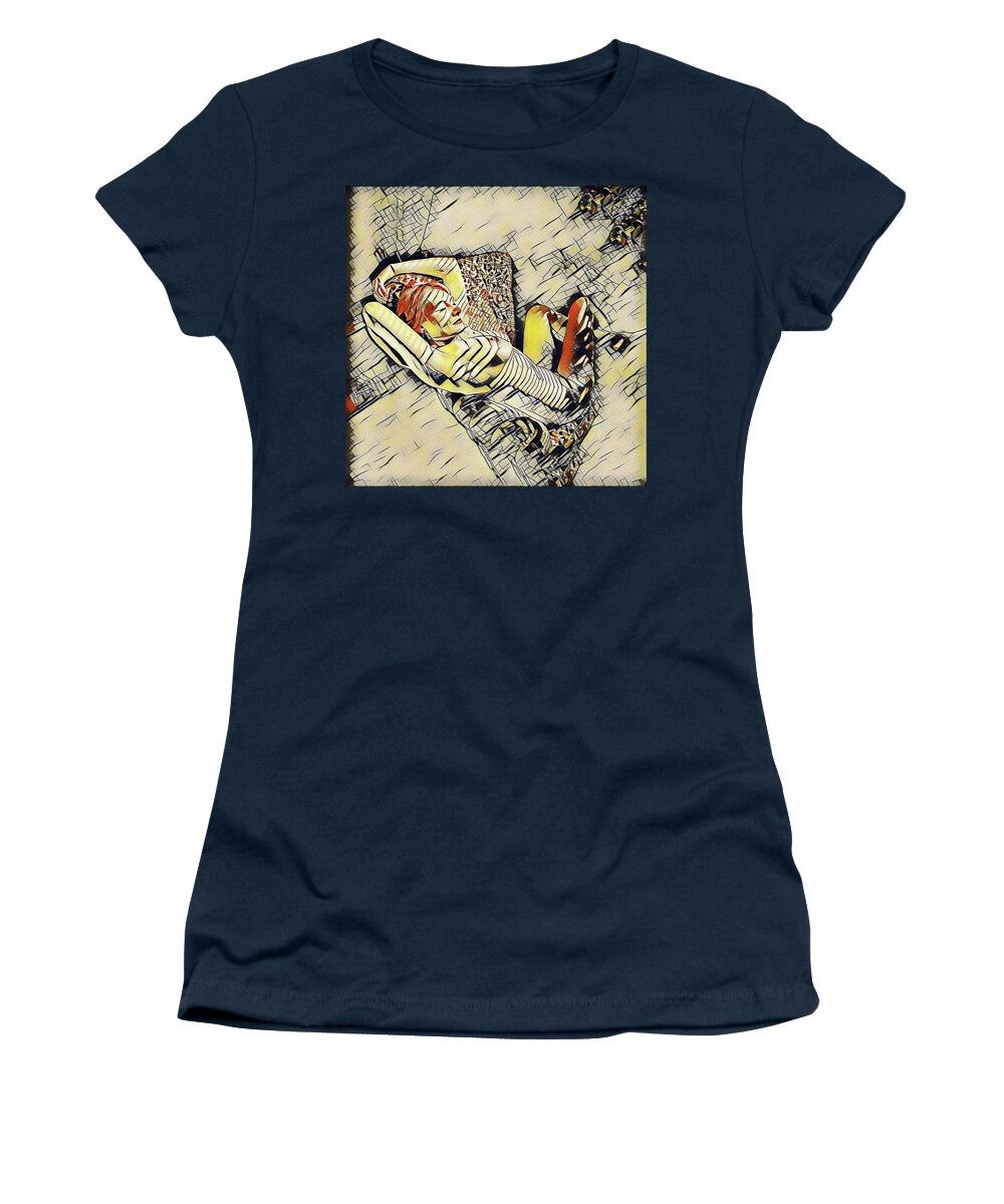 Nude By Window Women's T-Shirt featuring the digital art 4248s-JG Zebra Striped Woman in Armchair by Window Erotica in the Style of Kandinsky by Chris Maher