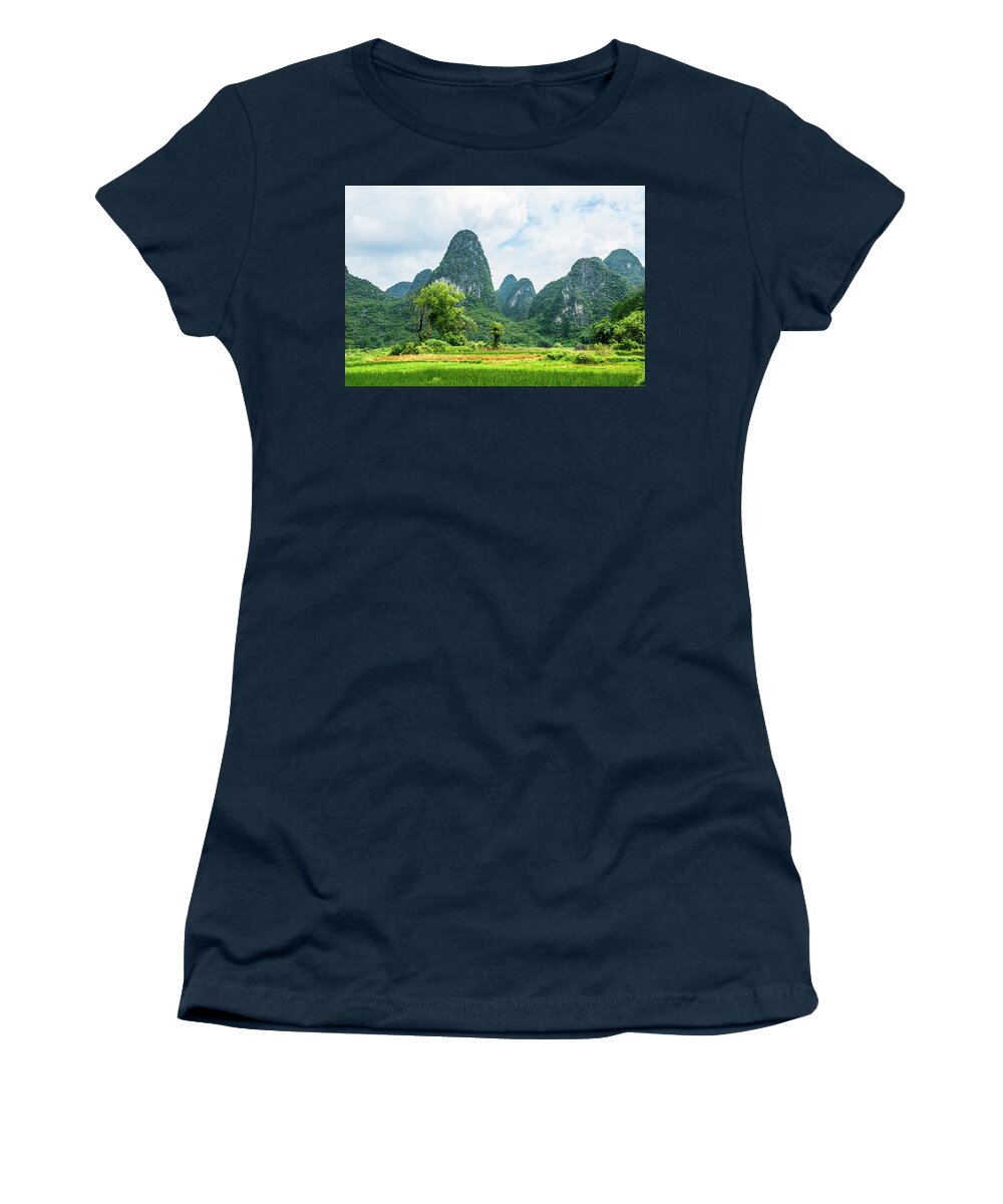 Karst Women's T-Shirt featuring the photograph Karst mountains and rural scenery #44 by Carl Ning