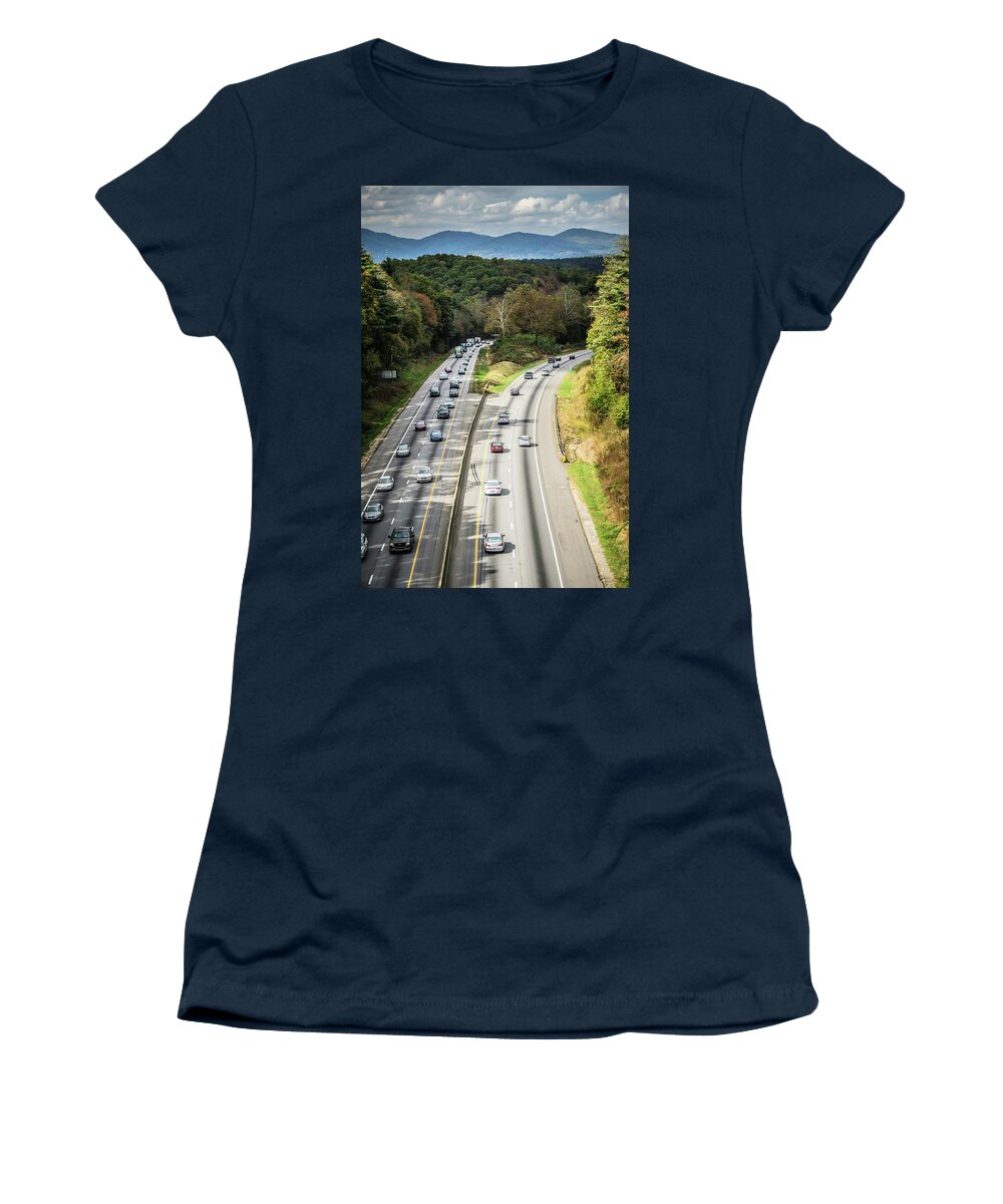 Car Women's T-Shirt featuring the photograph Aerial view of i-40 highway in north carolina from blue ridge pa #7 by Alex Grichenko