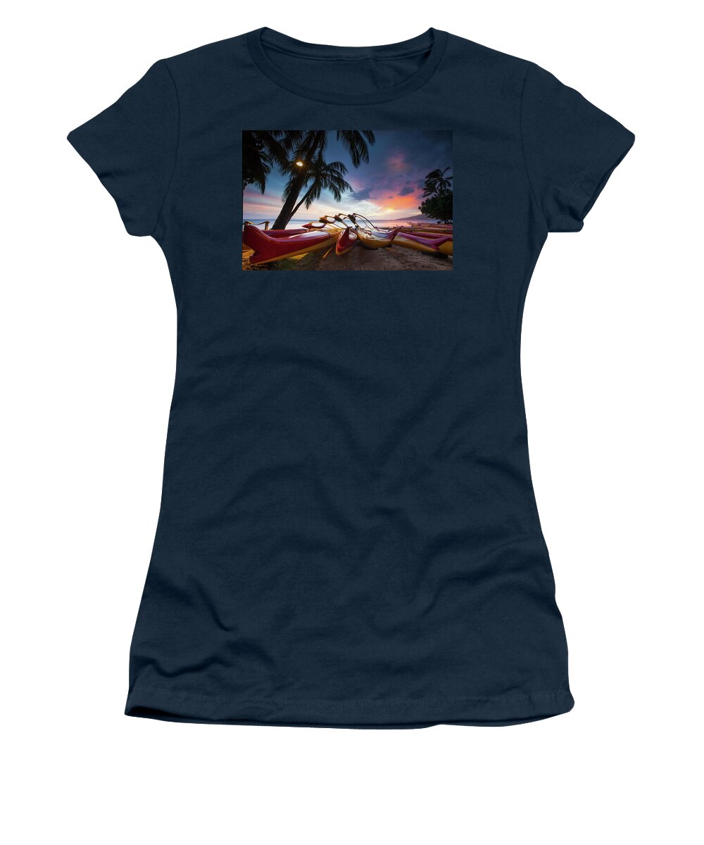 Maui Hawaii Sunset Canoes Palmtrees Seascape Clouds Women's T-Shirt featuring the photograph Kihei Canoes #8 by James Roemmling