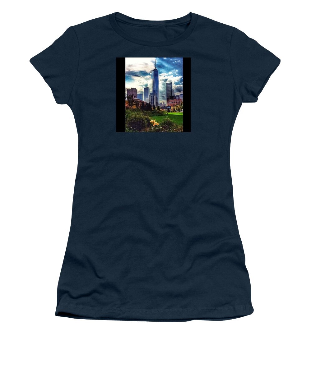 Landscape- New York- Downtown Manhattan- City- Buildings Women's T-Shirt featuring the photograph A Beautiful Day by Diya Baichu