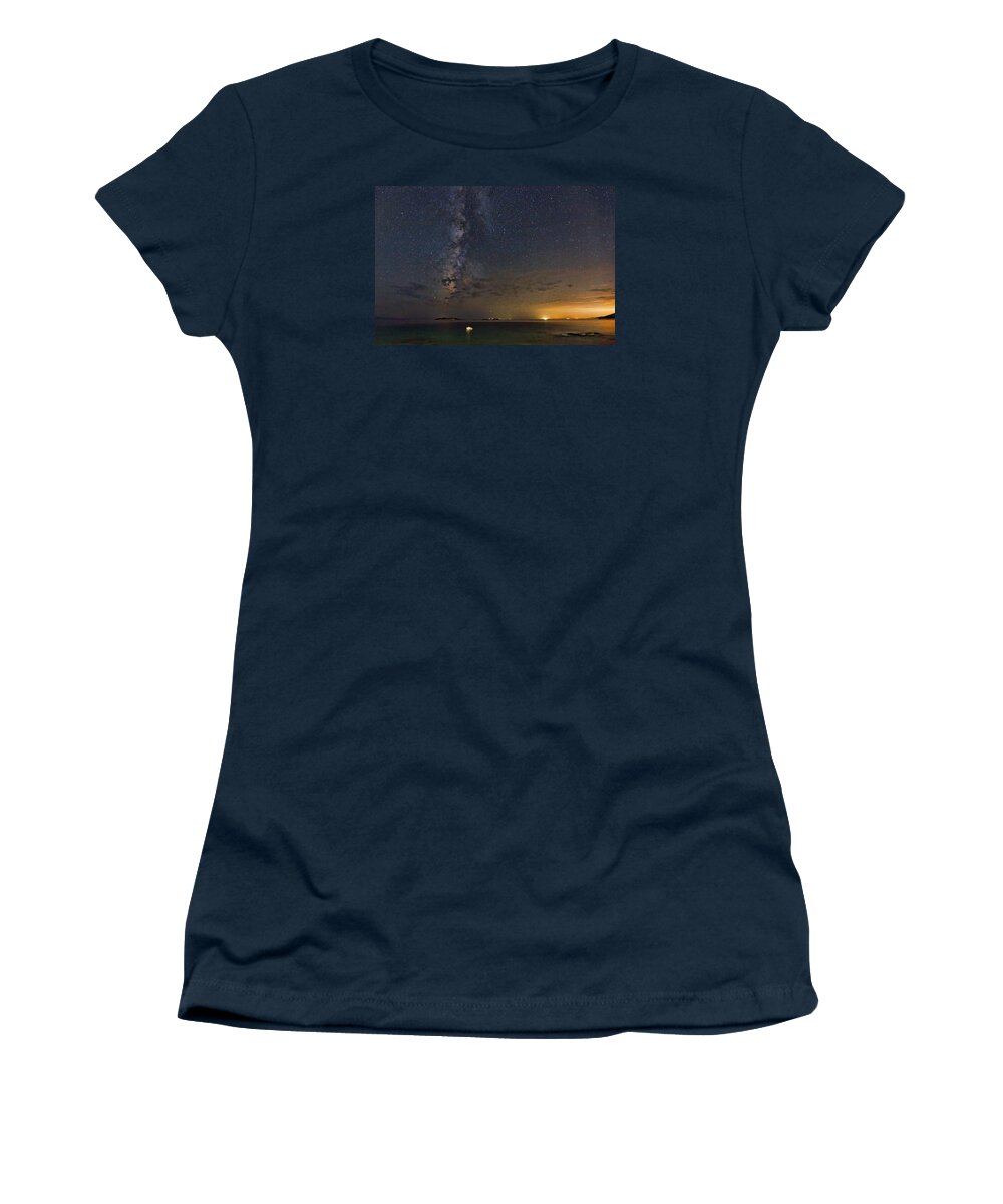 Boat Women's T-Shirt featuring the photograph A boat under the Milky Way in Andros - Greece by Constantinos Iliopoulos