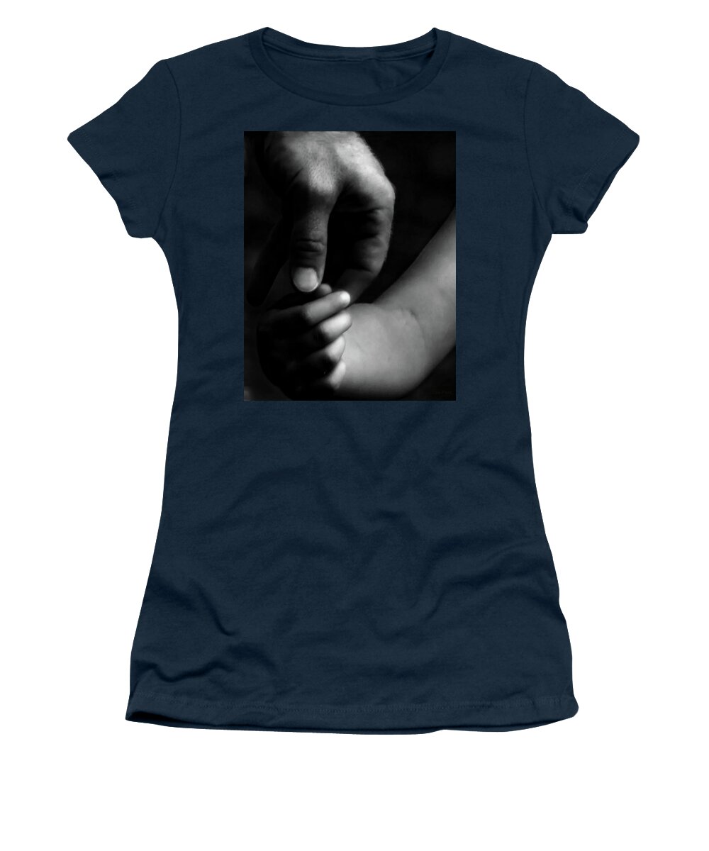 Hands Women's T-Shirt featuring the photograph A Fathers Touch BW by Lesa Fine