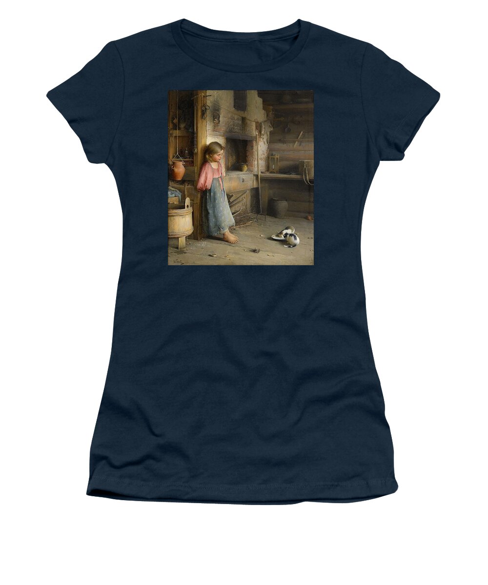 Ivan Lavrentievich Gorokhov Russia 1863-1934 A Girl With Kittens Women's T-Shirt featuring the painting A girl with kittens by MotionAge Designs