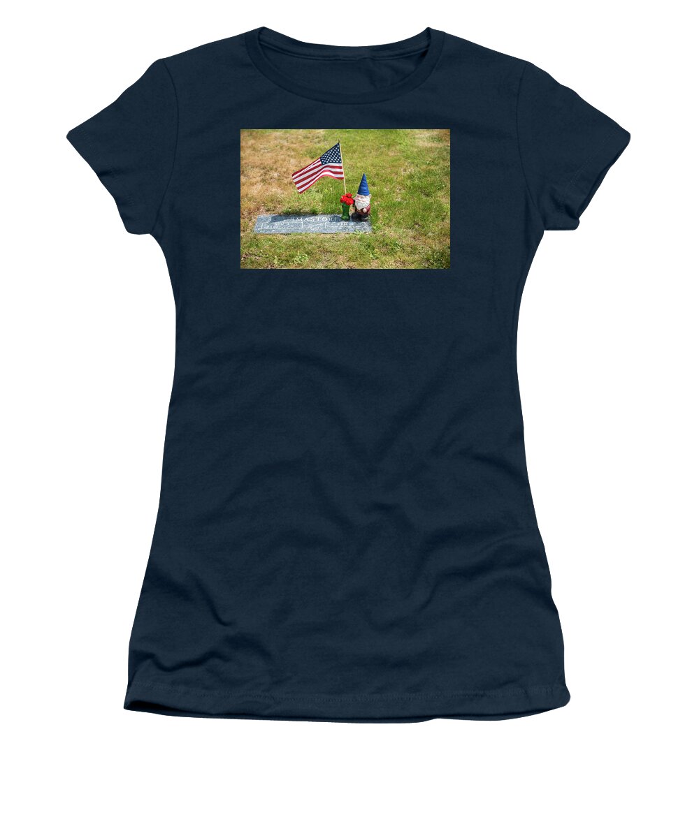A Gnome Keeps Watch Women's T-Shirt featuring the photograph A Gnome Keeps Watch by Tom Cochran