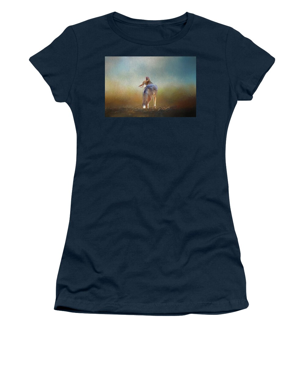 Linda Brody Women's T-Shirt featuring the digital art A Lone Coyote by Linda Brody