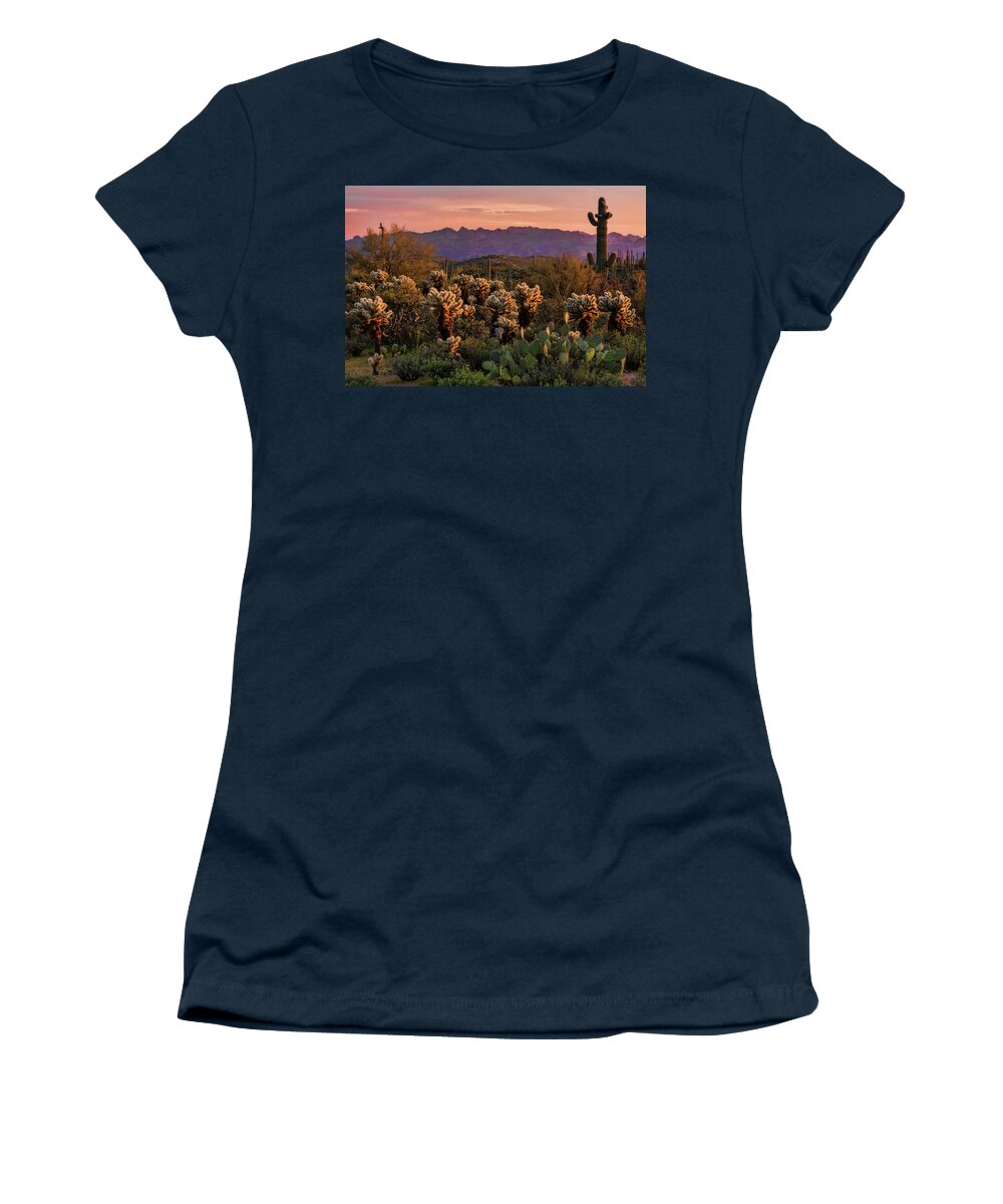 Saguaro Sunset Women's T-Shirt featuring the photograph A Pink Kissed Sunset by Saija Lehtonen