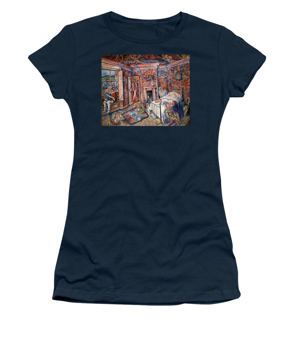 Room With Several Views Inside And Through Window Women's T-Shirt featuring the painting A Room with a View by Rosanne Gartner