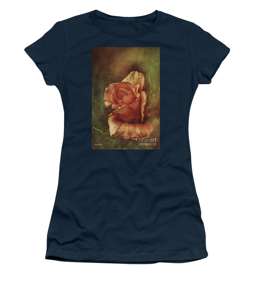 # A Rose From Long Go # Photograph# Texturer #season # Garden# Rosebush#colos#browns# Gold#green # Peach #nature#photonature # Layers # Flower # Boom# Framed # Tote Bag # Weekend Bag # Beach Towels # Canvas# Print# Poster# Battery Case # Phonecase # Duvet Cover # Shower Curtain # T Stirt # Yoga Mat # Blanket #mug#card# Metal #notebook  Women's T-Shirt featuring the mixed media A Rose From Long Ago by MaryLee Parker