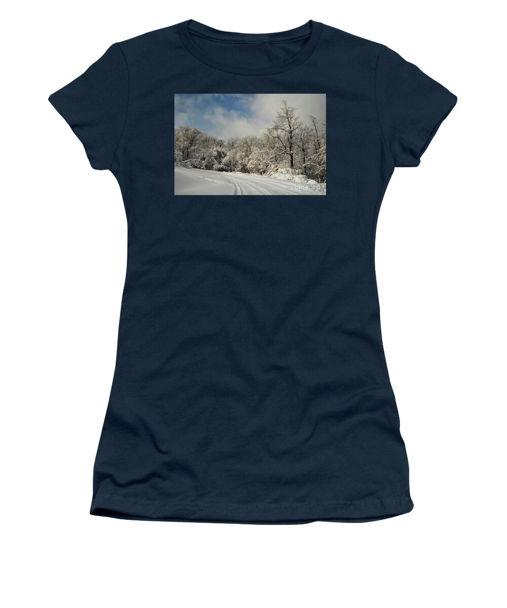 Snow Women's T-Shirt featuring the photograph A Snowy Road In The Laurel Highlands by Lois Bryan