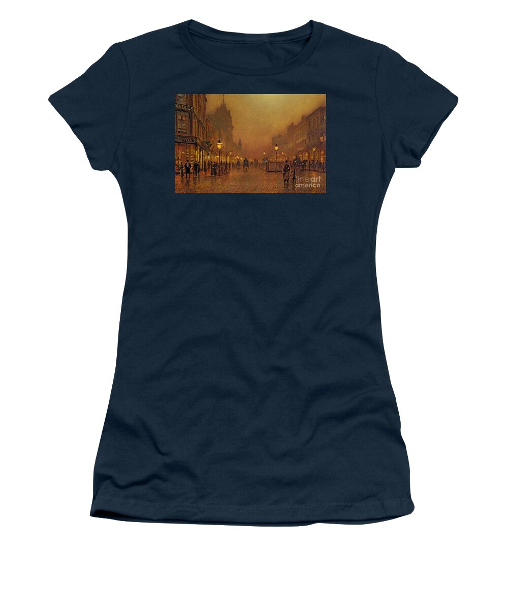 A Street At Night By John Atkinson Grimshaw Women's T-Shirt featuring the painting A Street at Night by John Atkinson Grimshaw