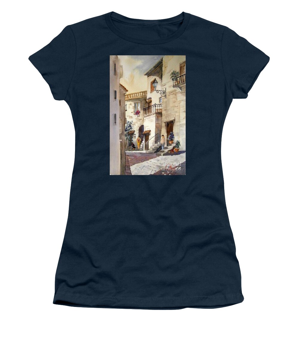 Watercolor Women's T-Shirt featuring the painting A Tuscan street scene by Gerald Miraldi