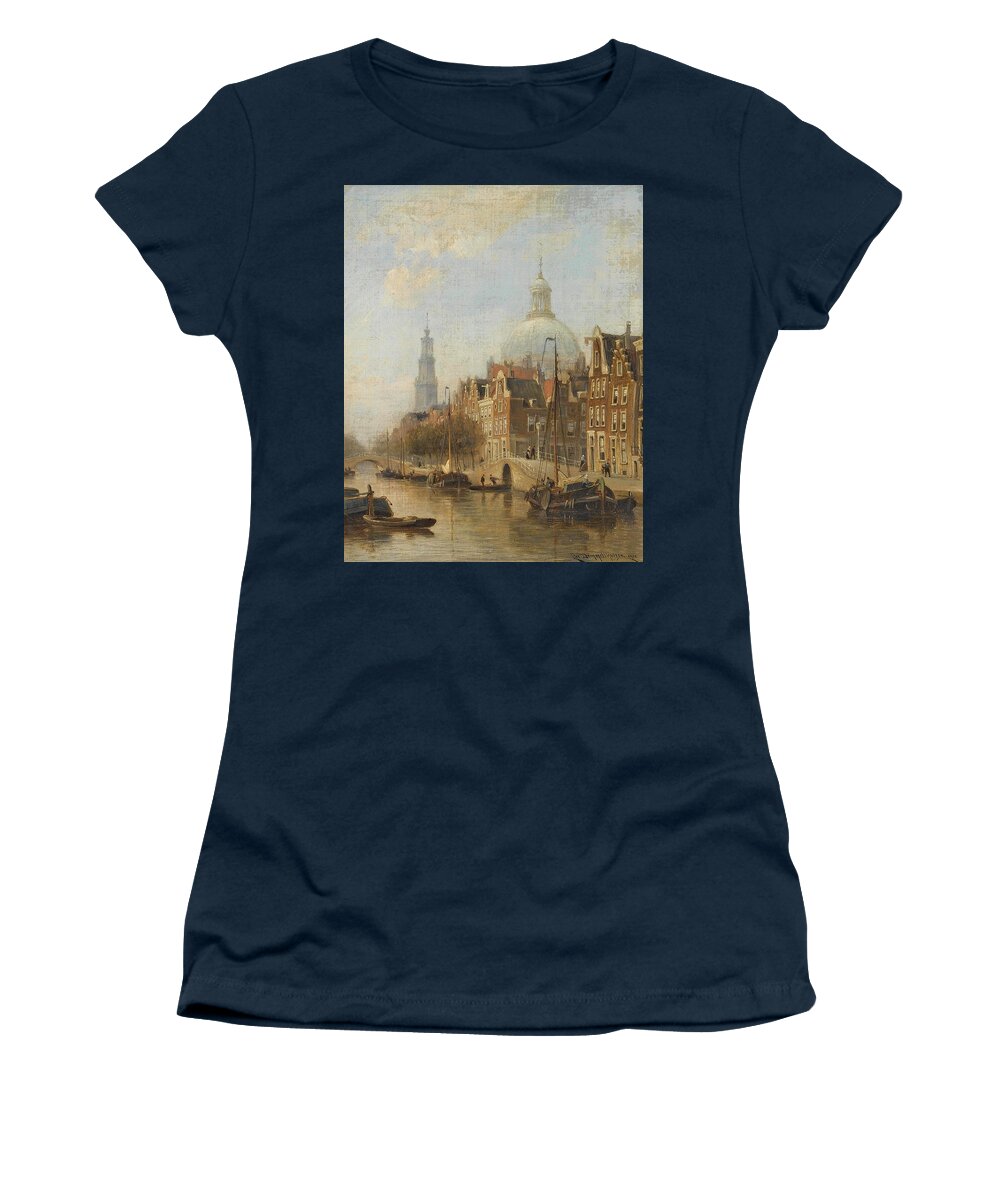 Cornelis Christaan Dommelshuize Women's T-Shirt featuring the painting A View Of An Amsterdam Canal, by Cornelis Christaan Dommelshuize