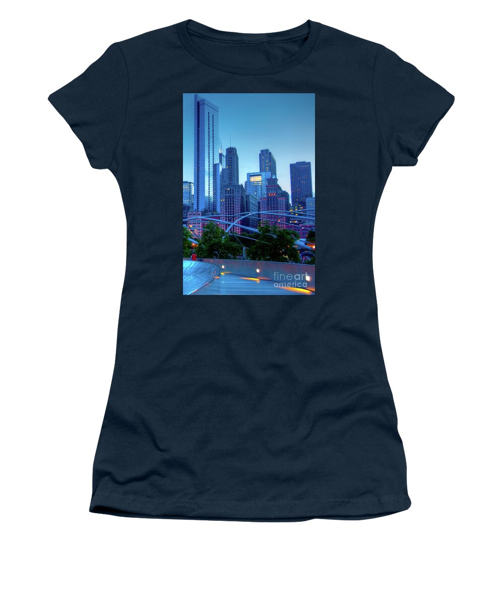 Amoco Bridge Women's T-Shirt featuring the photograph A View of Millenium Park from the Amoco Bridge in Chicago at Dus by David Levin