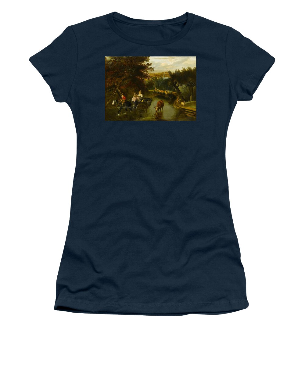 Jan Siberechts Women's T-Shirt featuring the painting A Wooded Landscape with Peasants in a Horse by MotionAge Designs