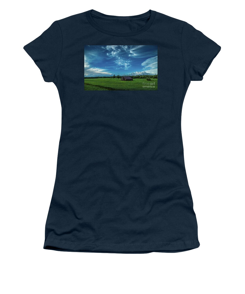 Abandoned Women's T-Shirt featuring the photograph Abandoned Barn in Soybean Field by Roger Monahan