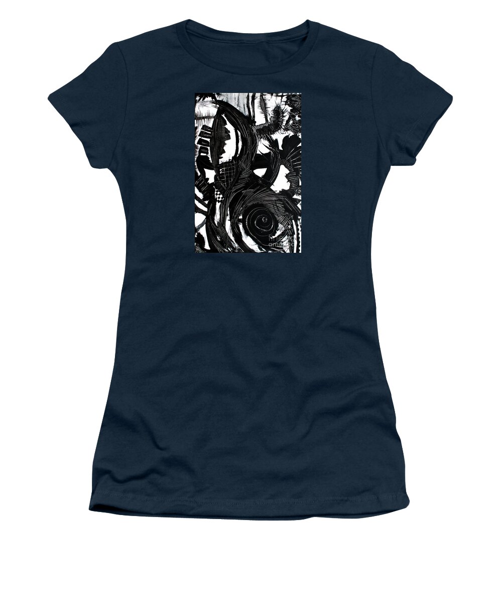 Original Painting .my Favorite Dynamic Black And White Abstract So Far .dramatic Lively Textural Women's T-Shirt featuring the painting Abruptly Interrupted by Priscilla Batzell Expressionist Art Studio Gallery