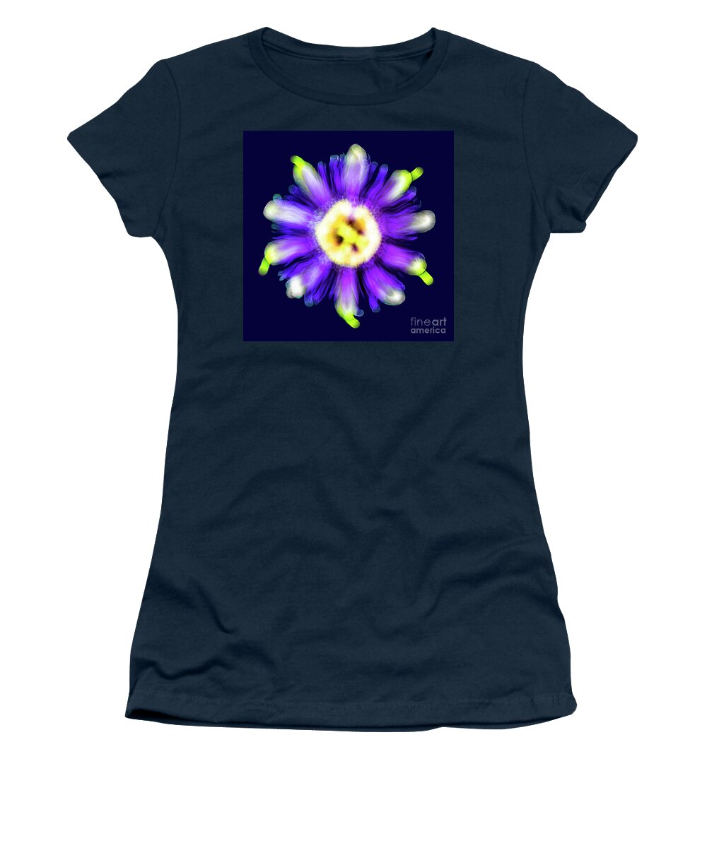 Abstract Women's T-Shirt featuring the photograph Abstract Passion Flower in Violet Blue and Green 002b by Ricardos Creations
