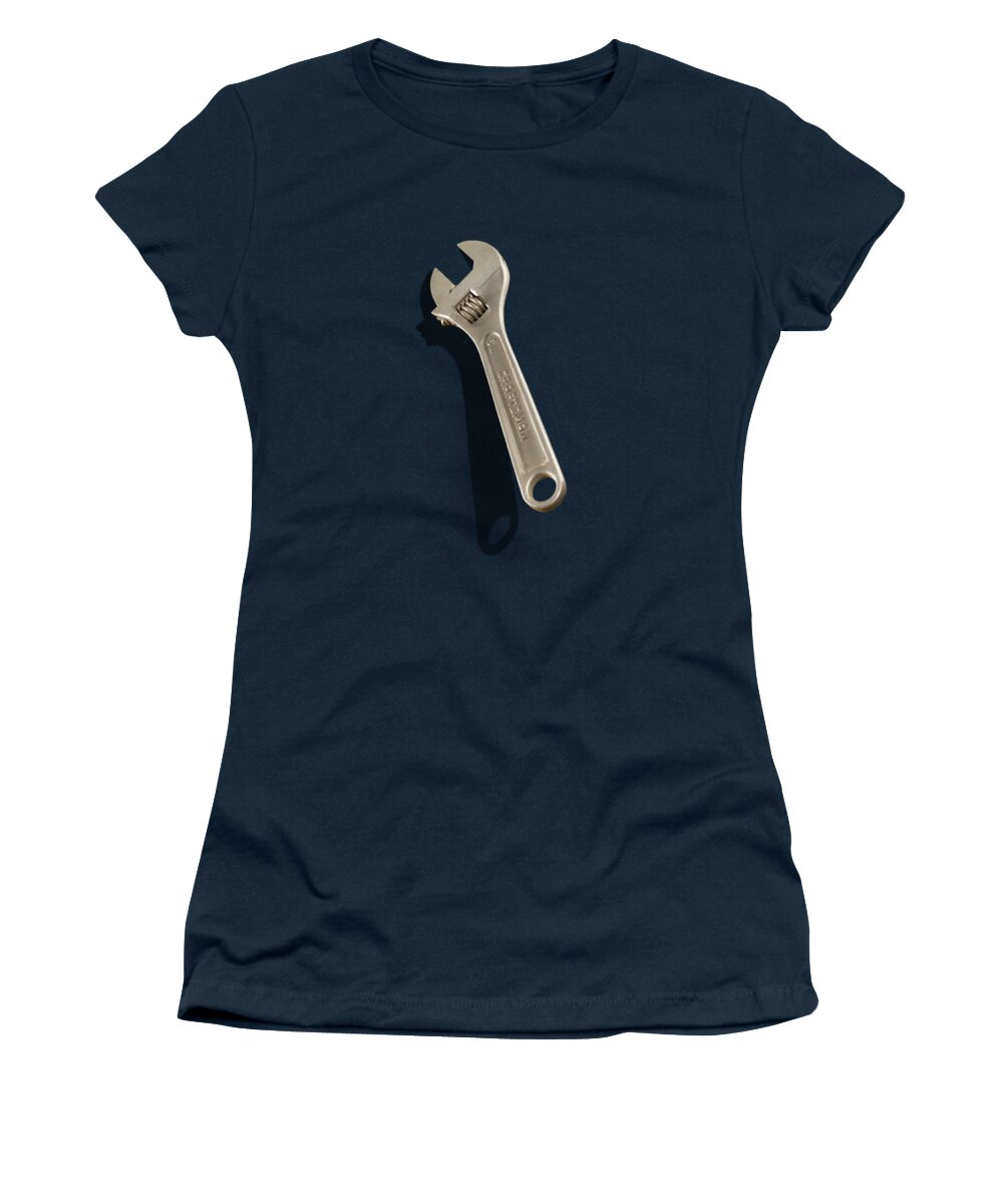 Black Women's T-Shirt featuring the photograph Adjustable Wrench over Black and White Wood 72 by YoPedro