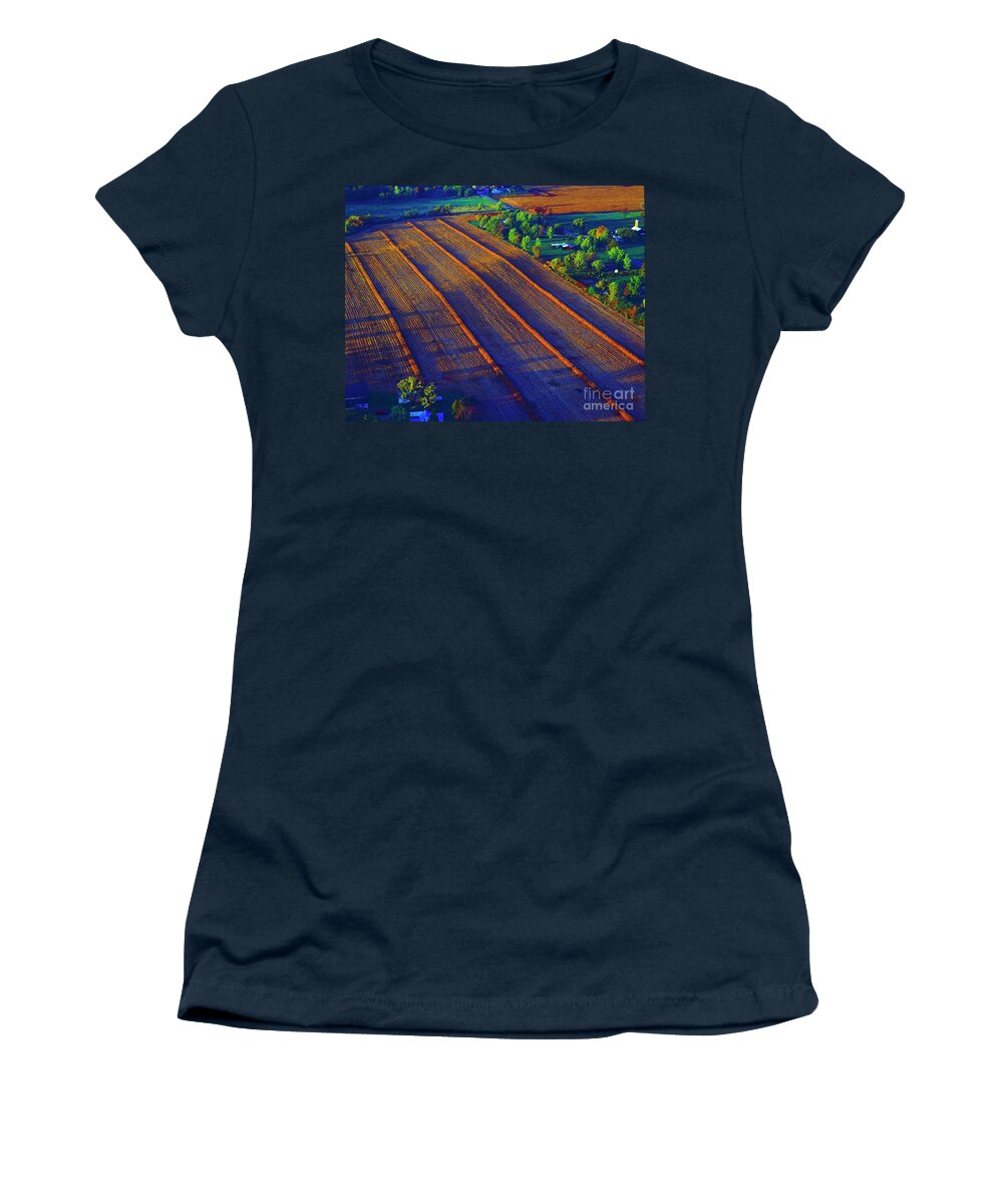 Aerial Women's T-Shirt featuring the photograph Aerial Farm field harvested at sunset by Tom Jelen