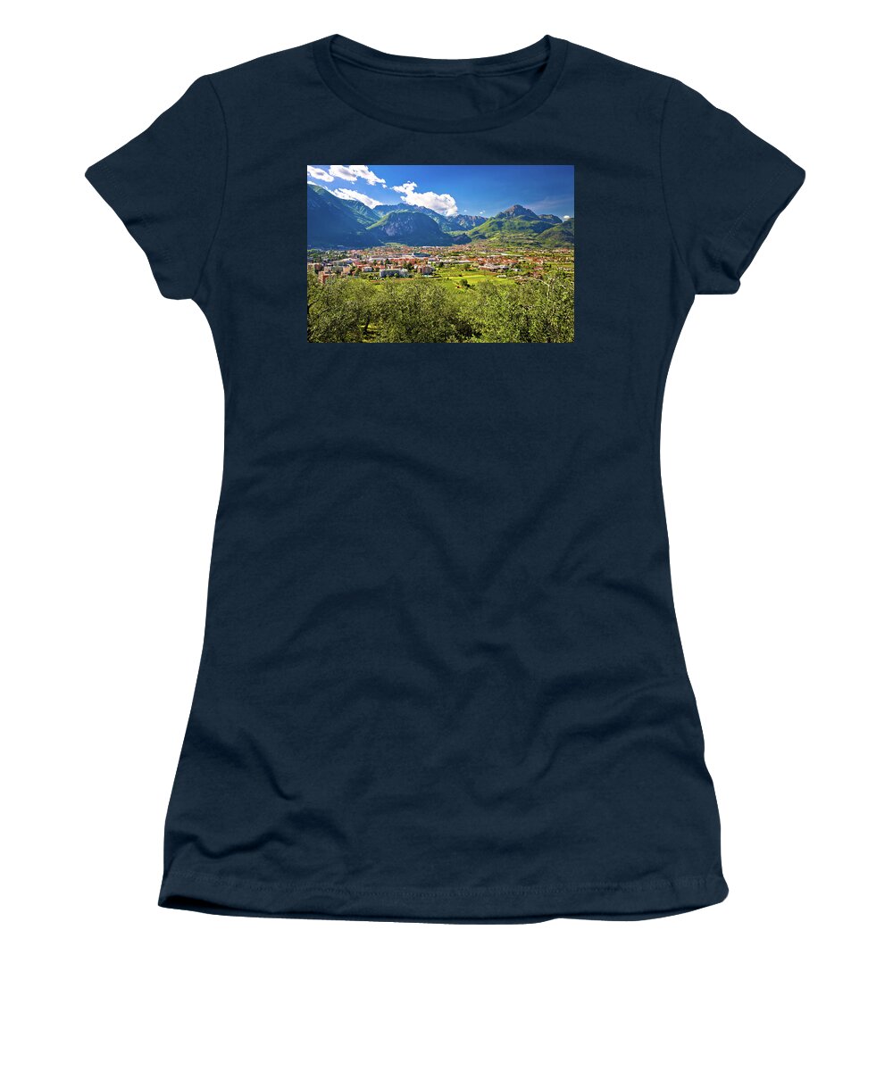 Alps Women's T-Shirt featuring the photograph Aerial view of Riva del Garda and italian Alps in South Tyrol re by Brch Photography