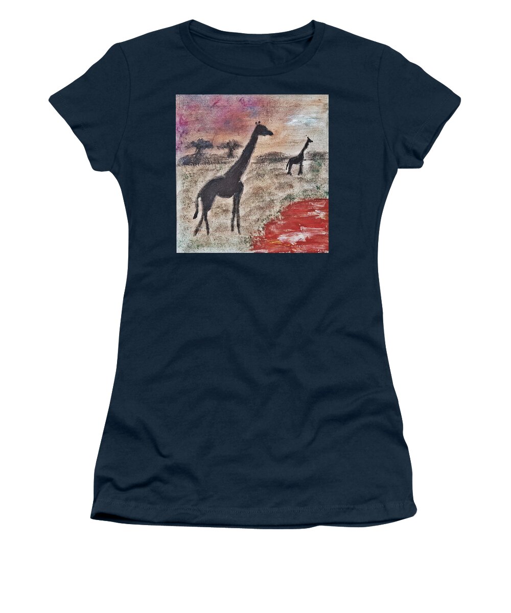 African Landscape Women's T-Shirt featuring the painting African Landscape giraffe and banya tree at watering hole with mountain and sunset grasses shrubs sa by MendyZ
