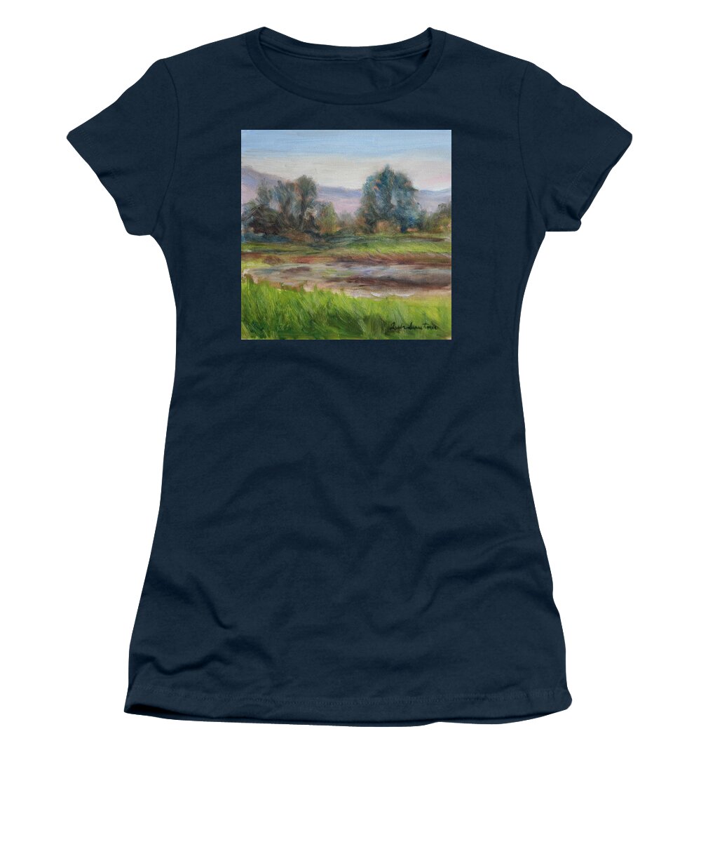 Landscape Women's T-Shirt featuring the painting Afternoon at Sauvie Island Wildlife Viewpoint by Quin Sweetman