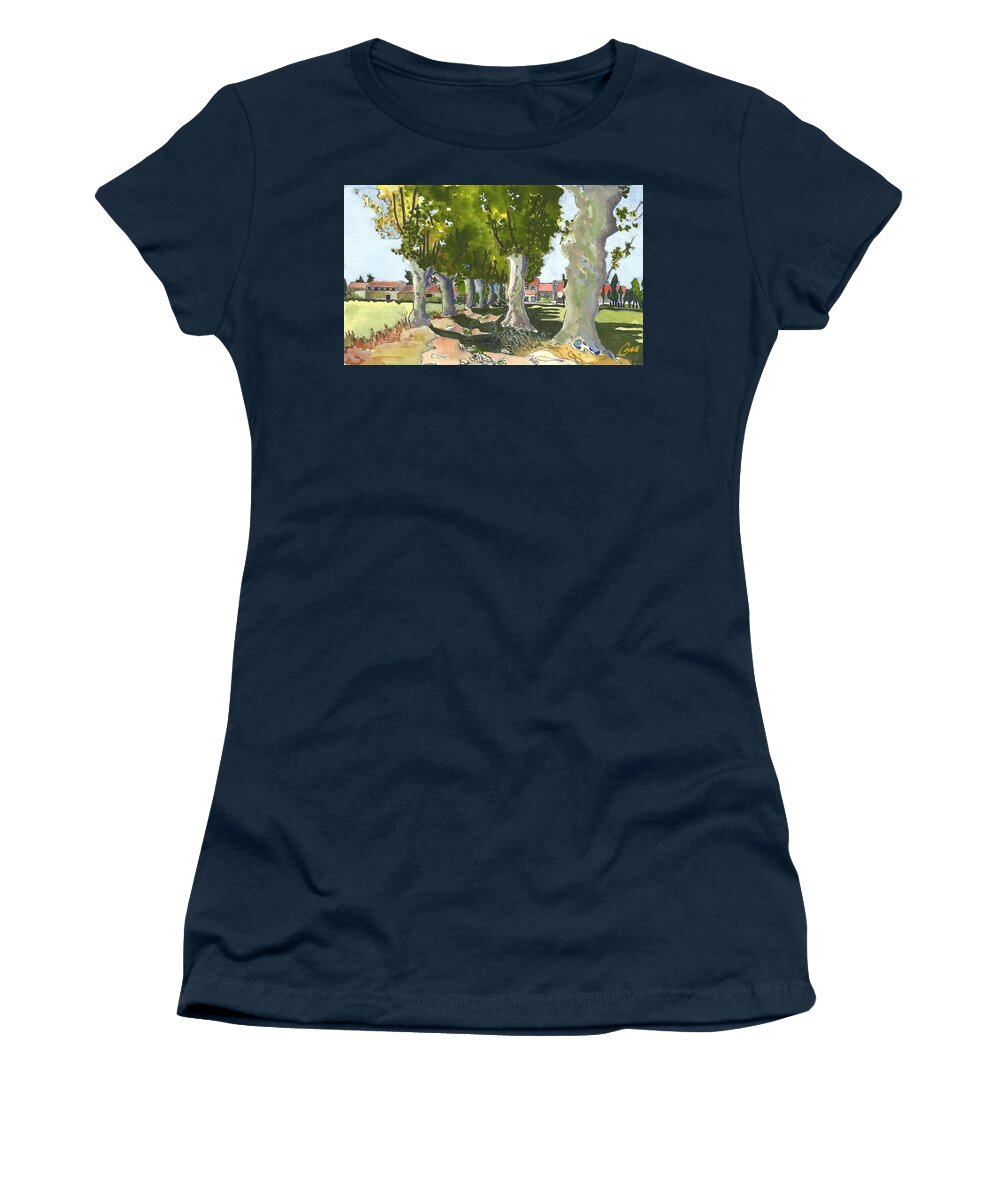 French Countryside Landscape  Women's T-Shirt featuring the painting Allee de La Ferme, Maussane-Les-Alpilles by Joan Cordell