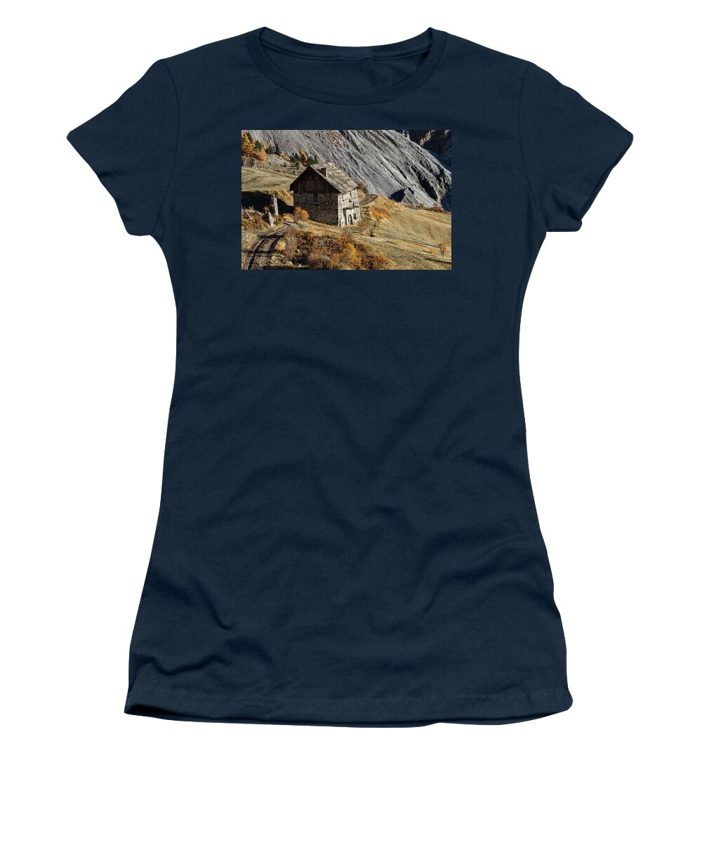 Mountain Landscape Women's T-Shirt featuring the photograph Ancient farmhouse in southern French Alps by Paul MAURICE