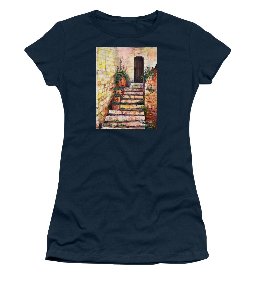 Ancient Stairway Women's T-Shirt featuring the painting Ancient Stairway by Lou Ann Bagnall
