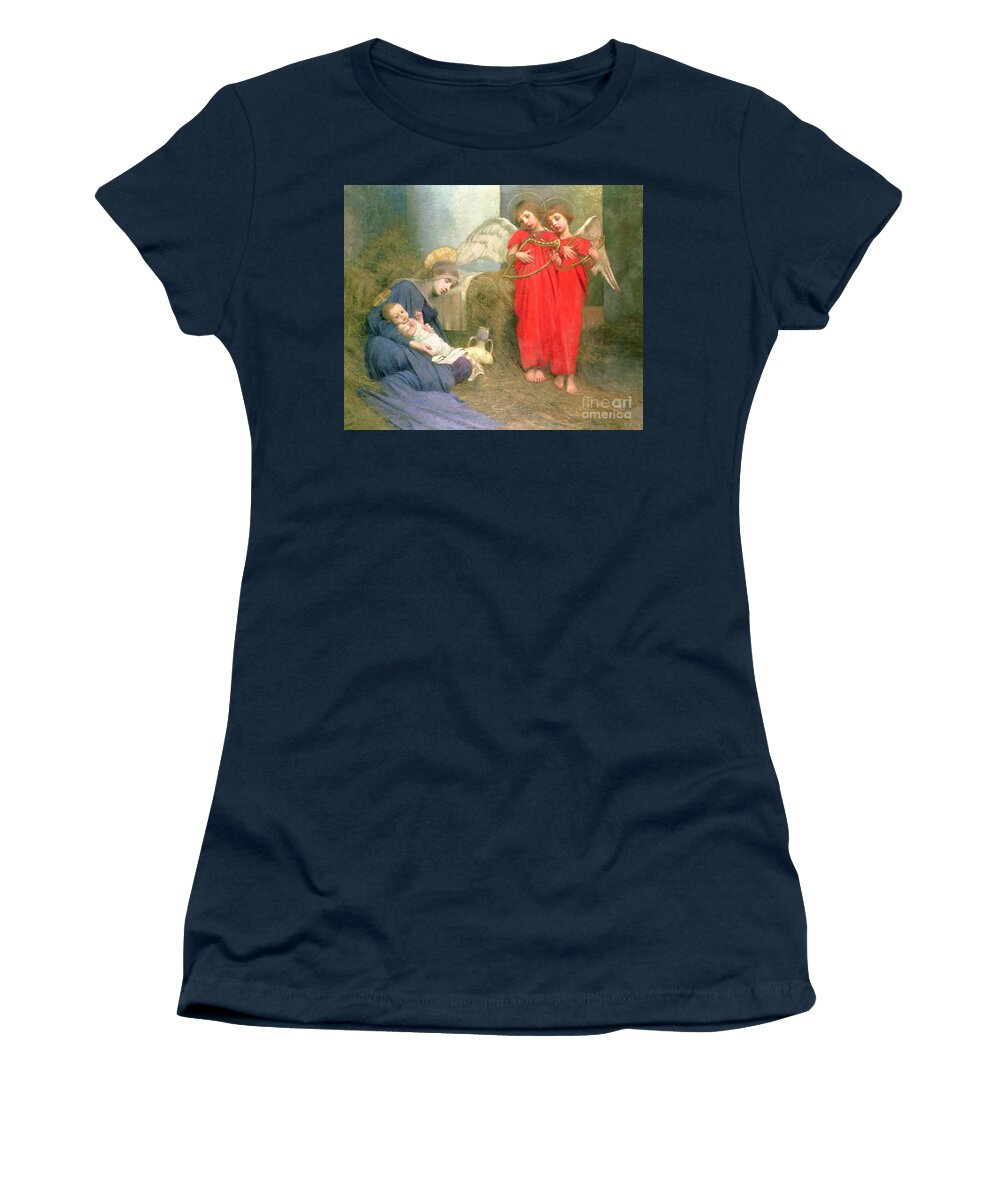 Stable; Lyre; Musical Instrument; Sleeping; Straw Women's T-Shirt featuring the painting Angels Entertaining the Holy Child by Marianne Stokes