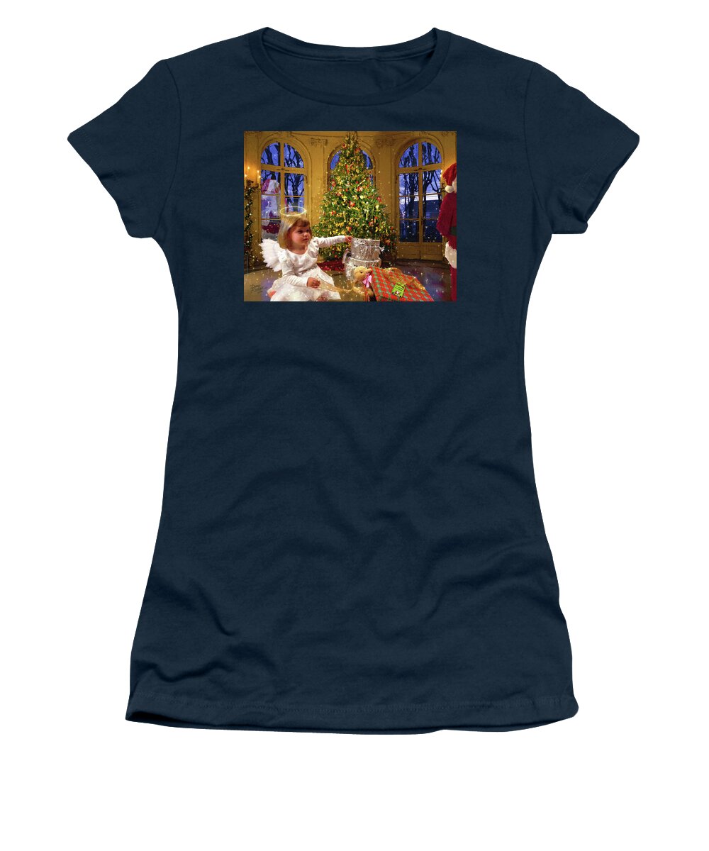 Young Child Opening Christmas Presents Women's T-Shirt featuring the digital art Annalise and Santa by Doug Kreuger