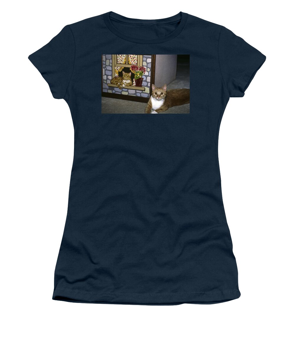 Tabby Cat Sitting Beside Needlepoint Women's T-Shirt featuring the photograph Art Imitates Life by Sally Weigand